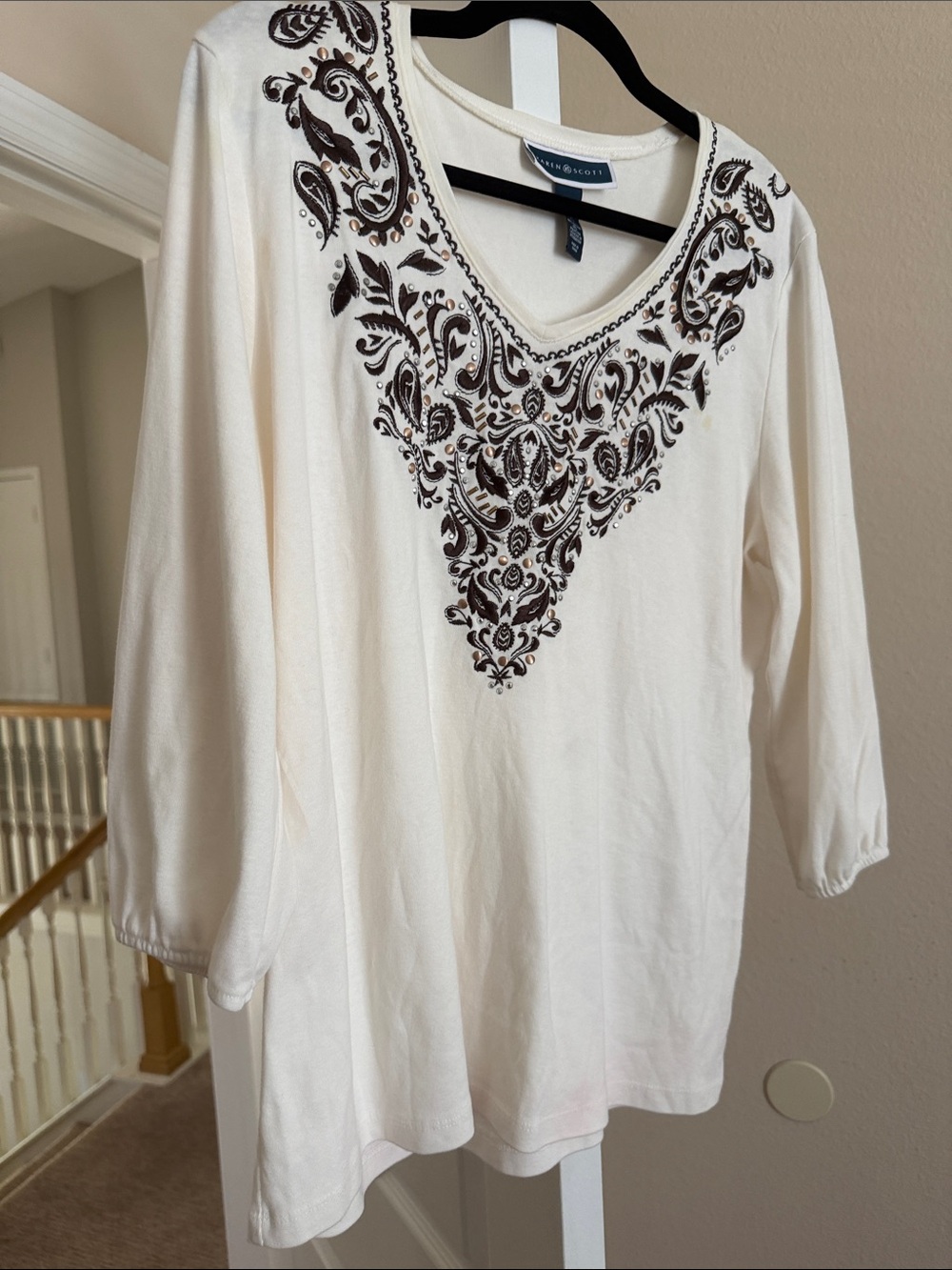 Karen Scott Ivory Long-Sleeve Top with Brown Embroidered V-Neck